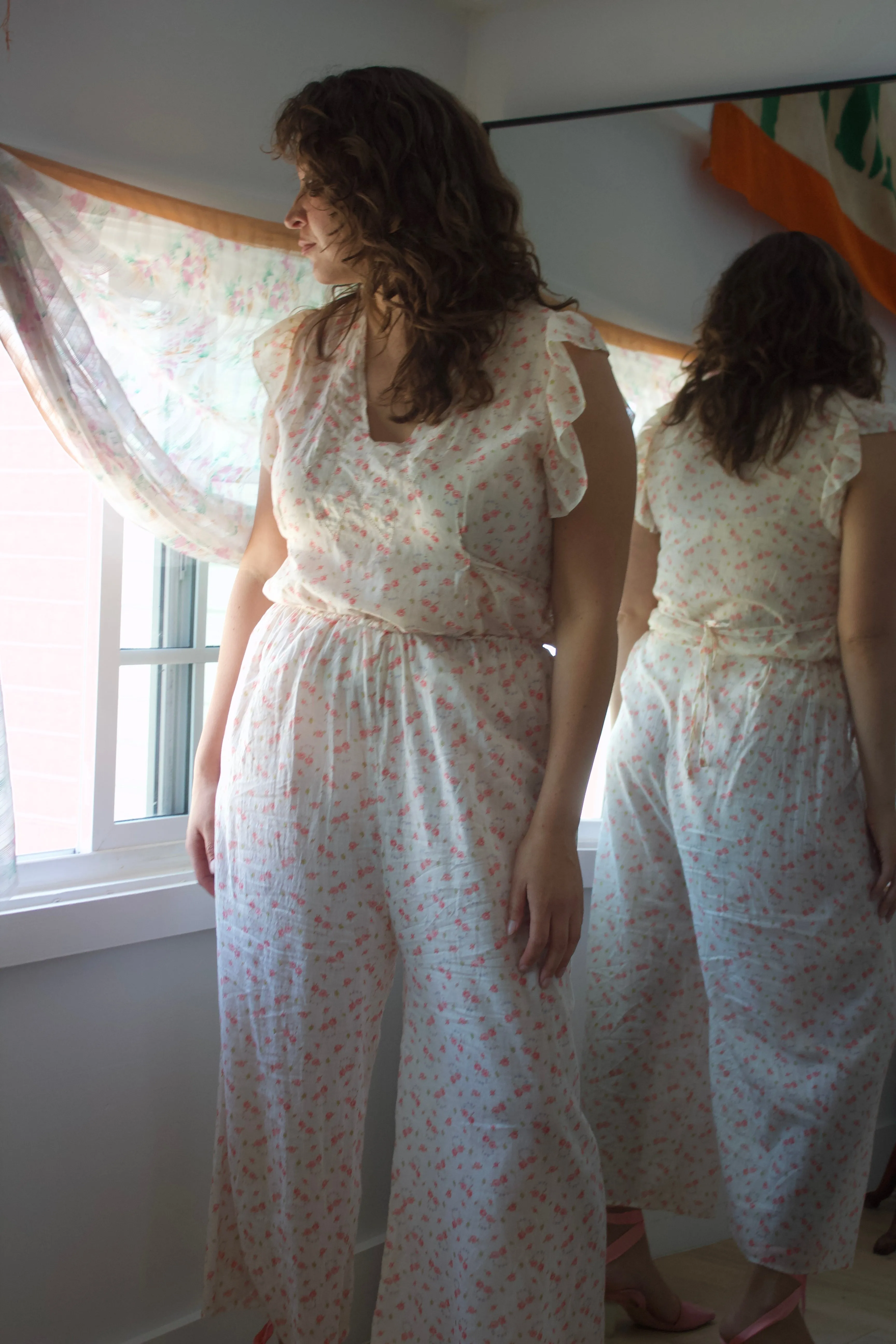 1930s Two Pice Micro Floral Soft Cotton Two Piece Pant Set