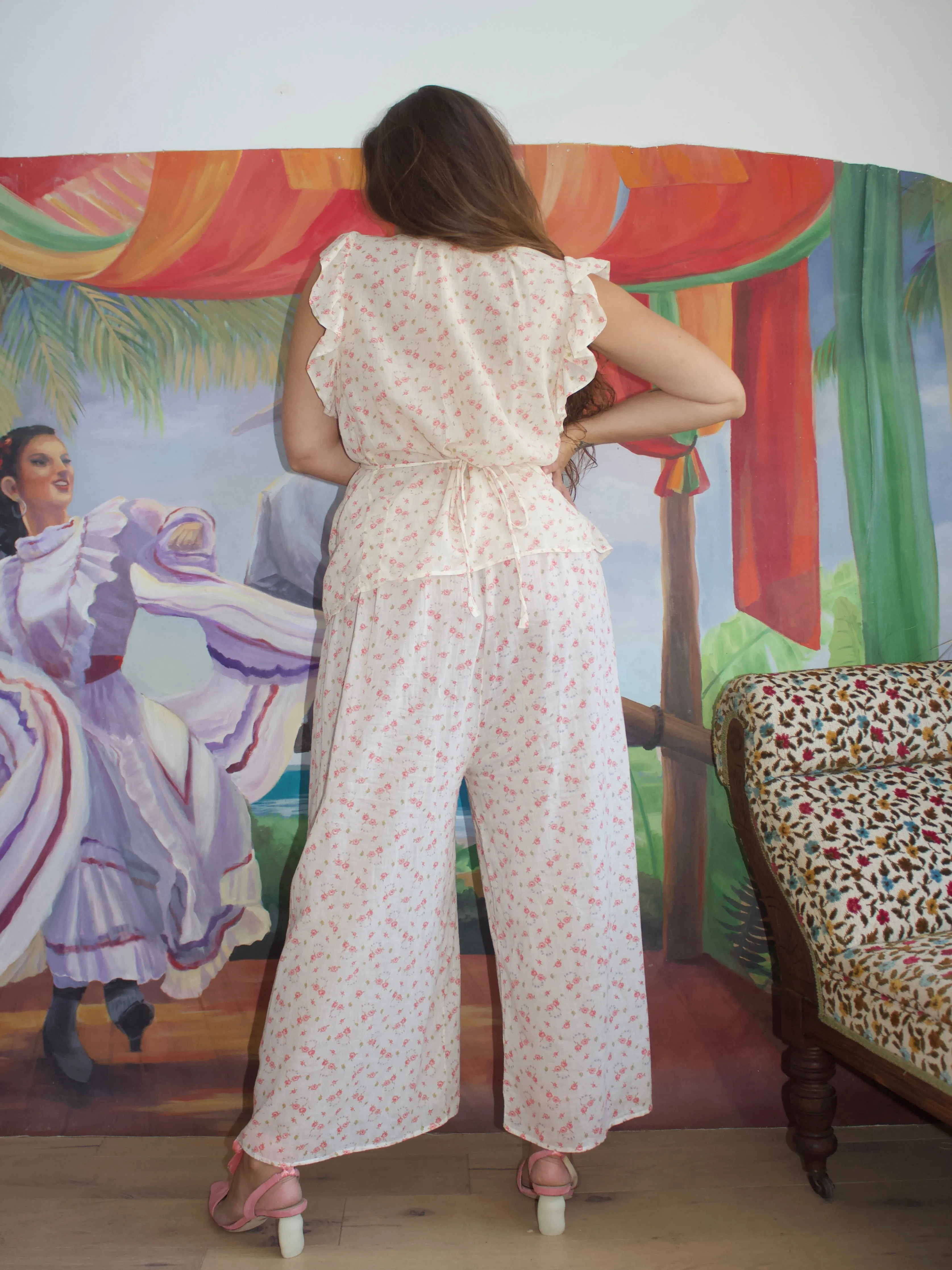 1930s Two Pice Micro Floral Soft Cotton Two Piece Pant Set