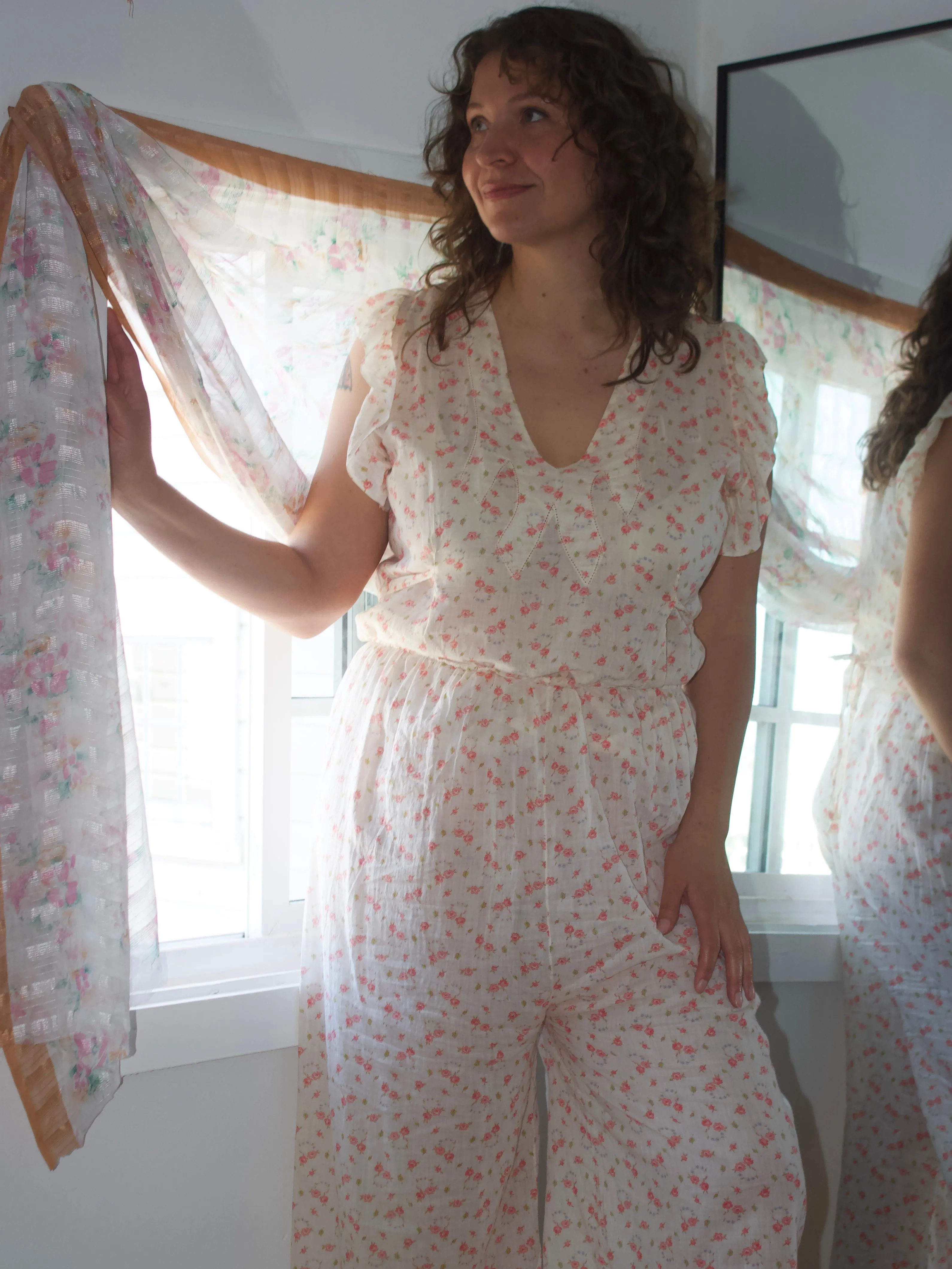 1930s Two Pice Micro Floral Soft Cotton Two Piece Pant Set