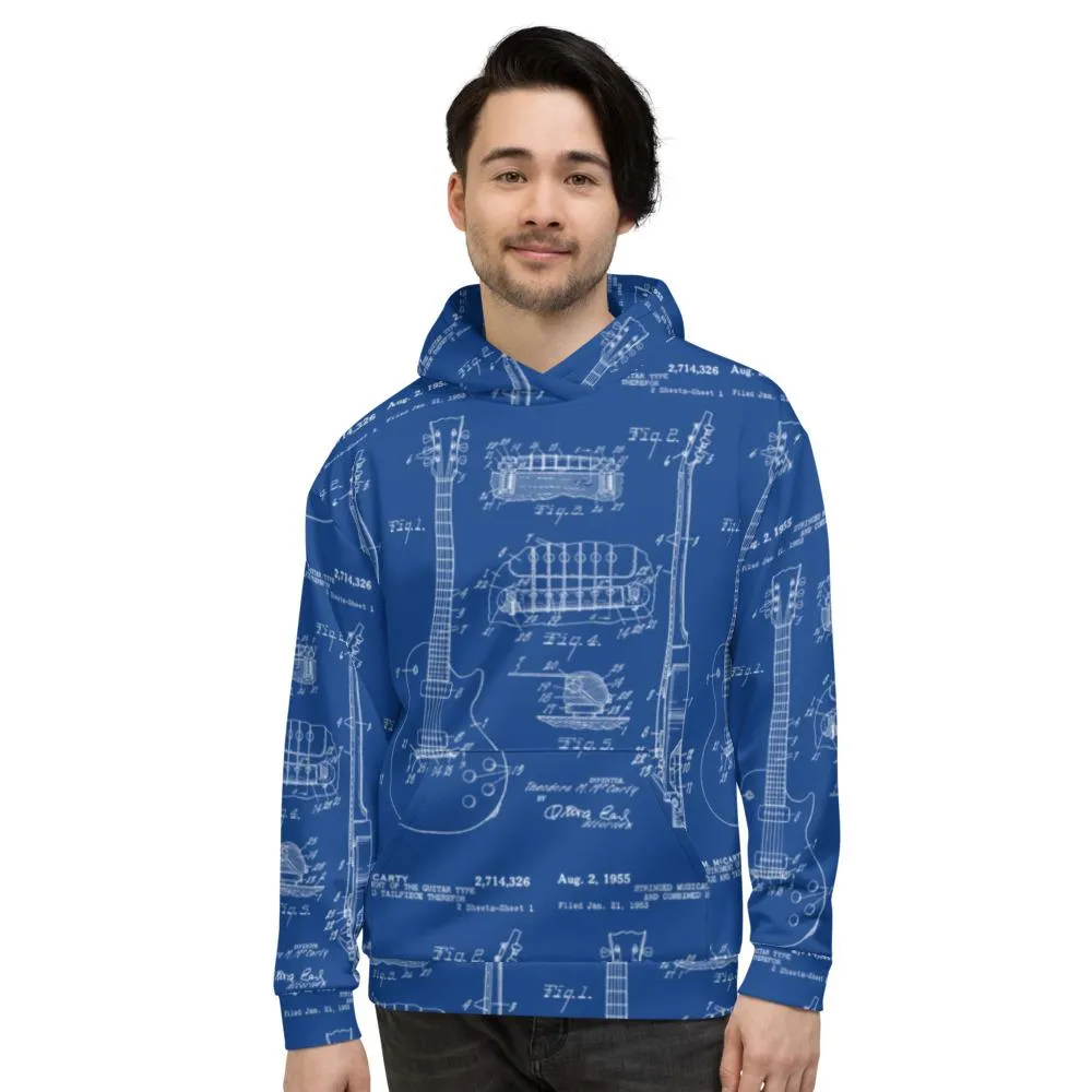 All-Over Guitar Patent Print Blue Hoodie