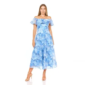 Azure Elegance Off-Shoulder Midi Dress with Floral Print