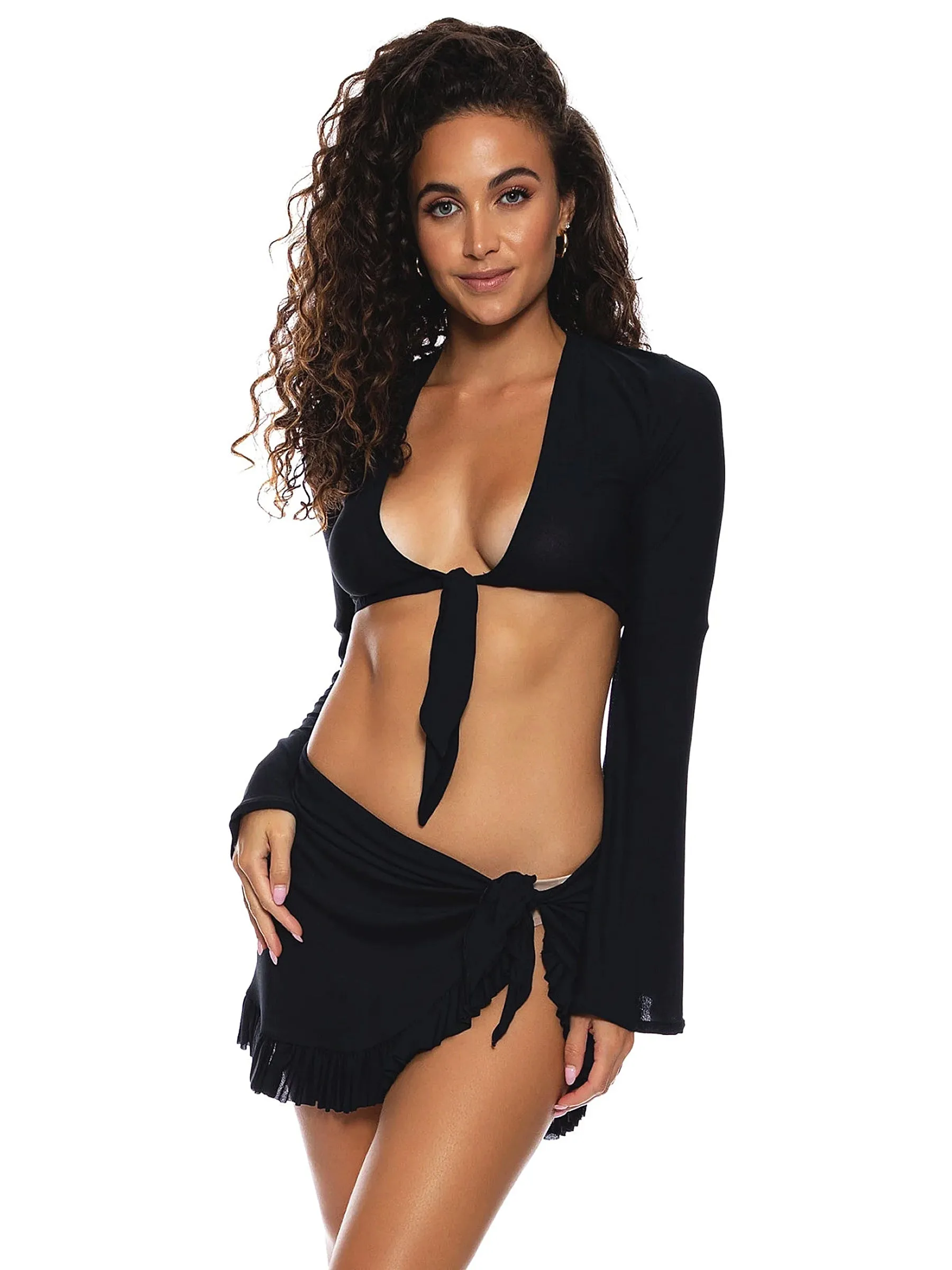 Bell Sleeve Crop-Ruffle Sarong Mini Skirt ::RET