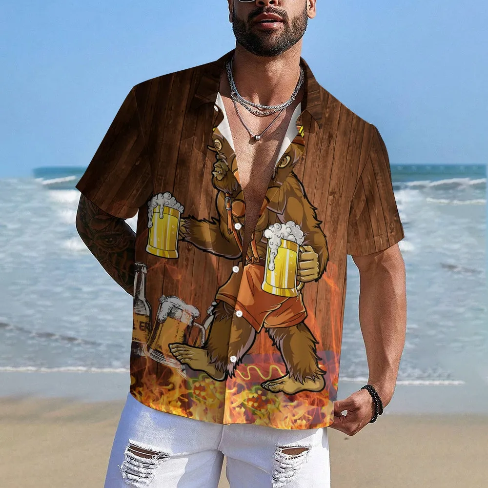 Bigfoot Beer Print Casual Oversized Short Sleeve Shirt 2407000479