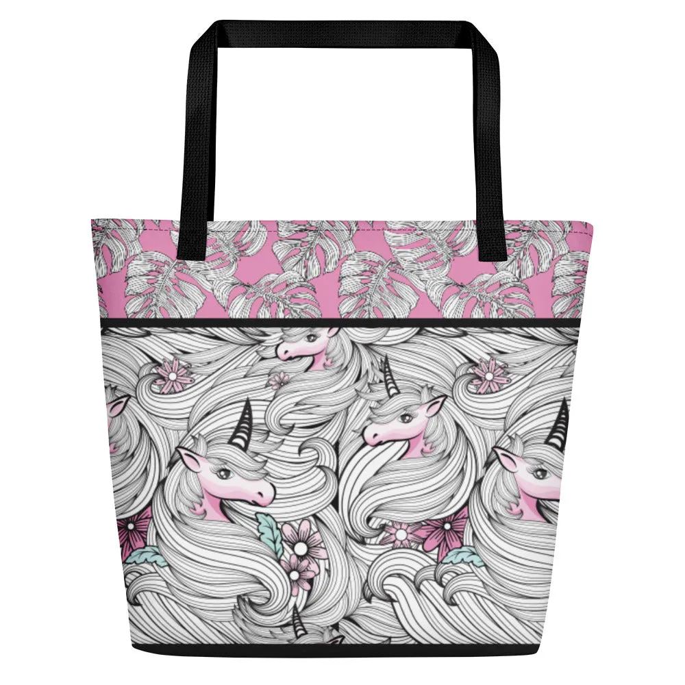Black and White Unicorns with Pink - Beach Bag