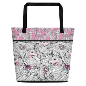 Black and White Unicorns with Pink - Beach Bag