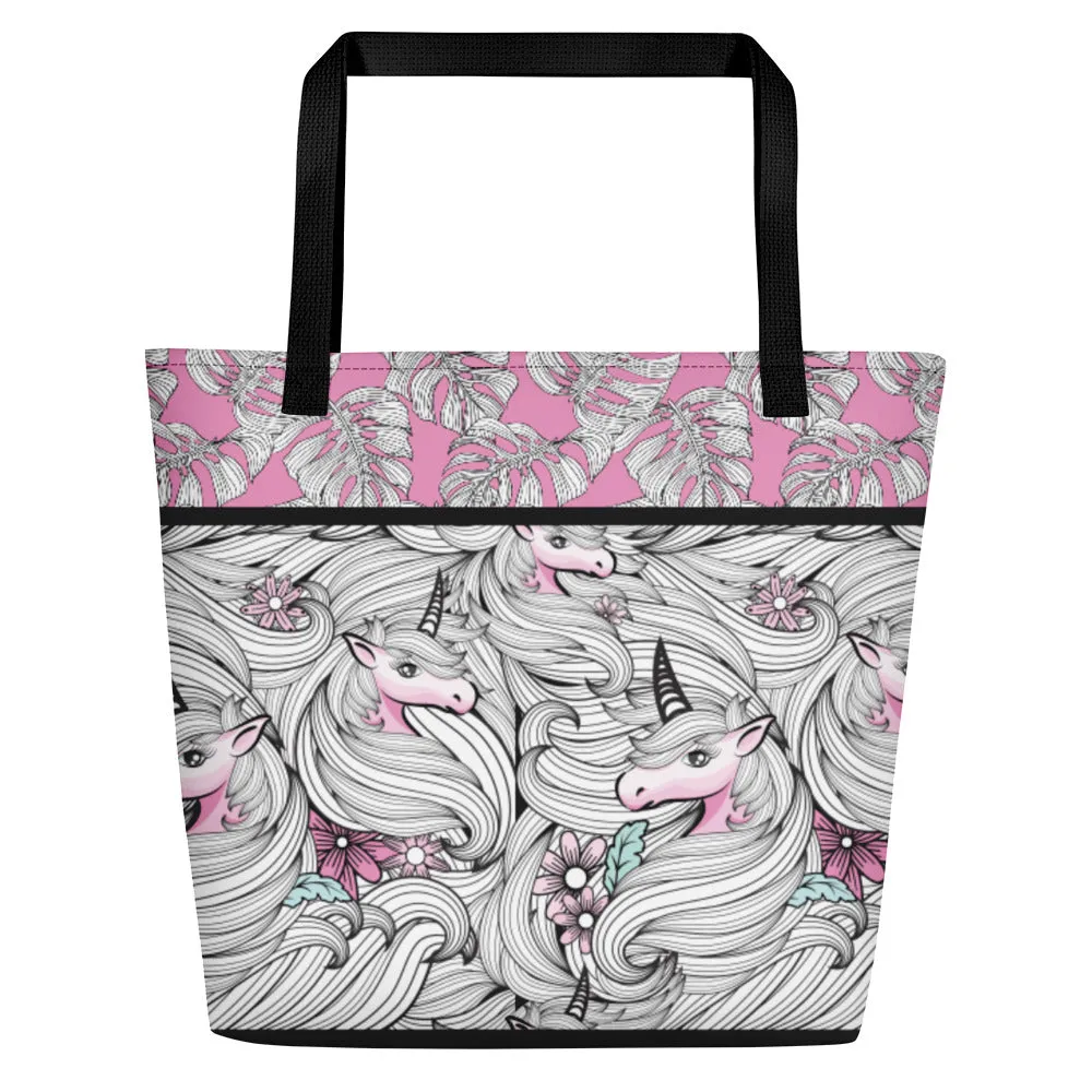 Black and White Unicorns with Pink - Beach Bag