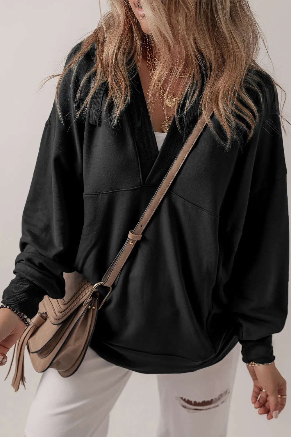 Black Casual V Neck Drawstring Hoodie