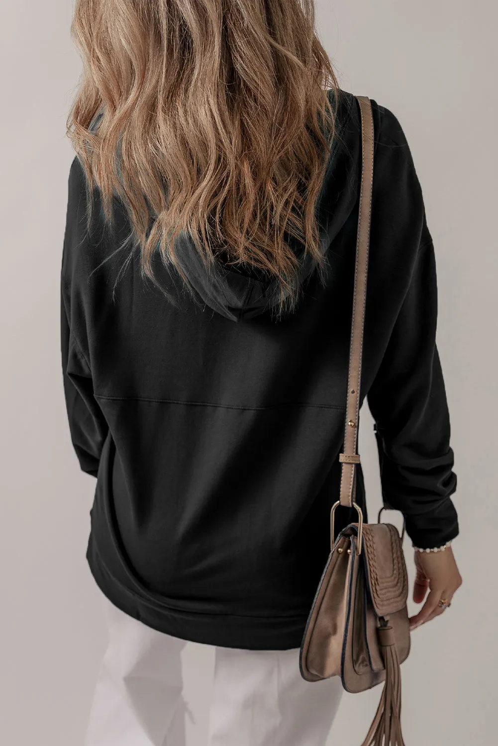 Black Casual V Neck Drawstring Hoodie