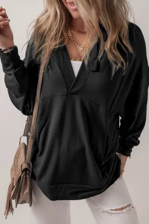 Black Casual V Neck Drawstring Hoodie