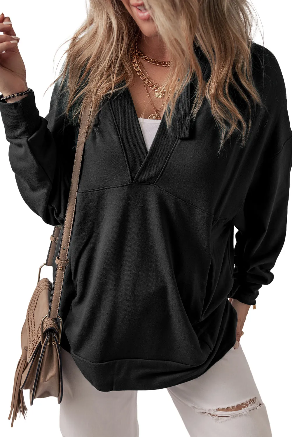Black Casual V Neck Drawstring Hoodie