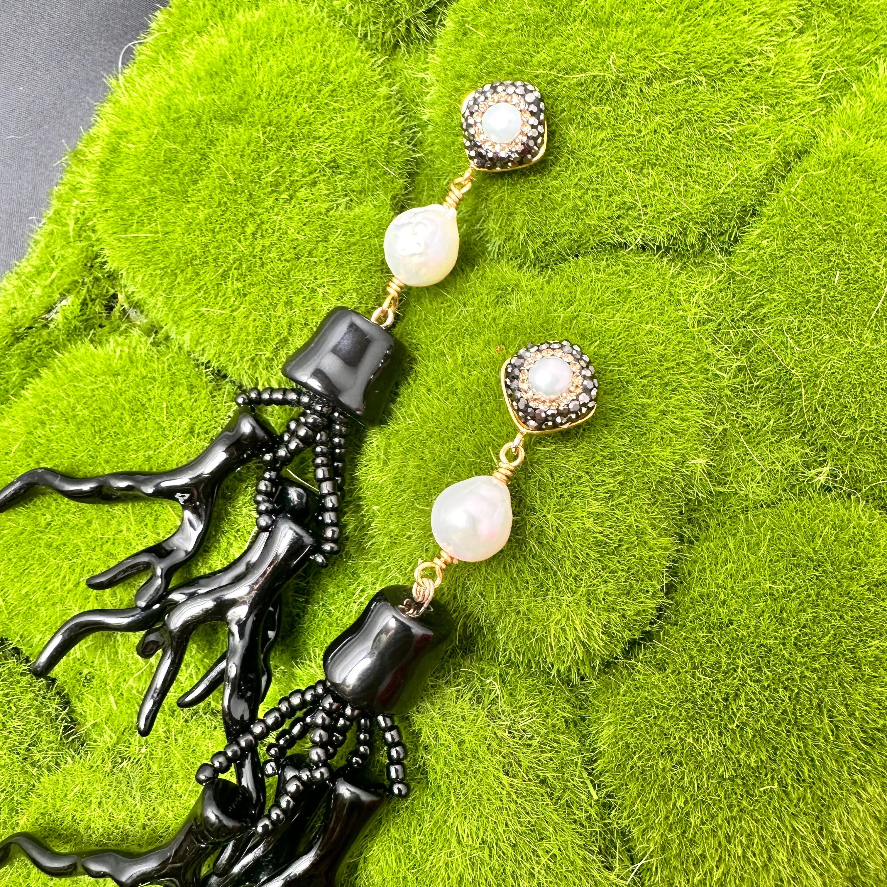 Black Coral Branches and Baroque Pearl push back statement earrings 220-30 | Erika Williner Designs
