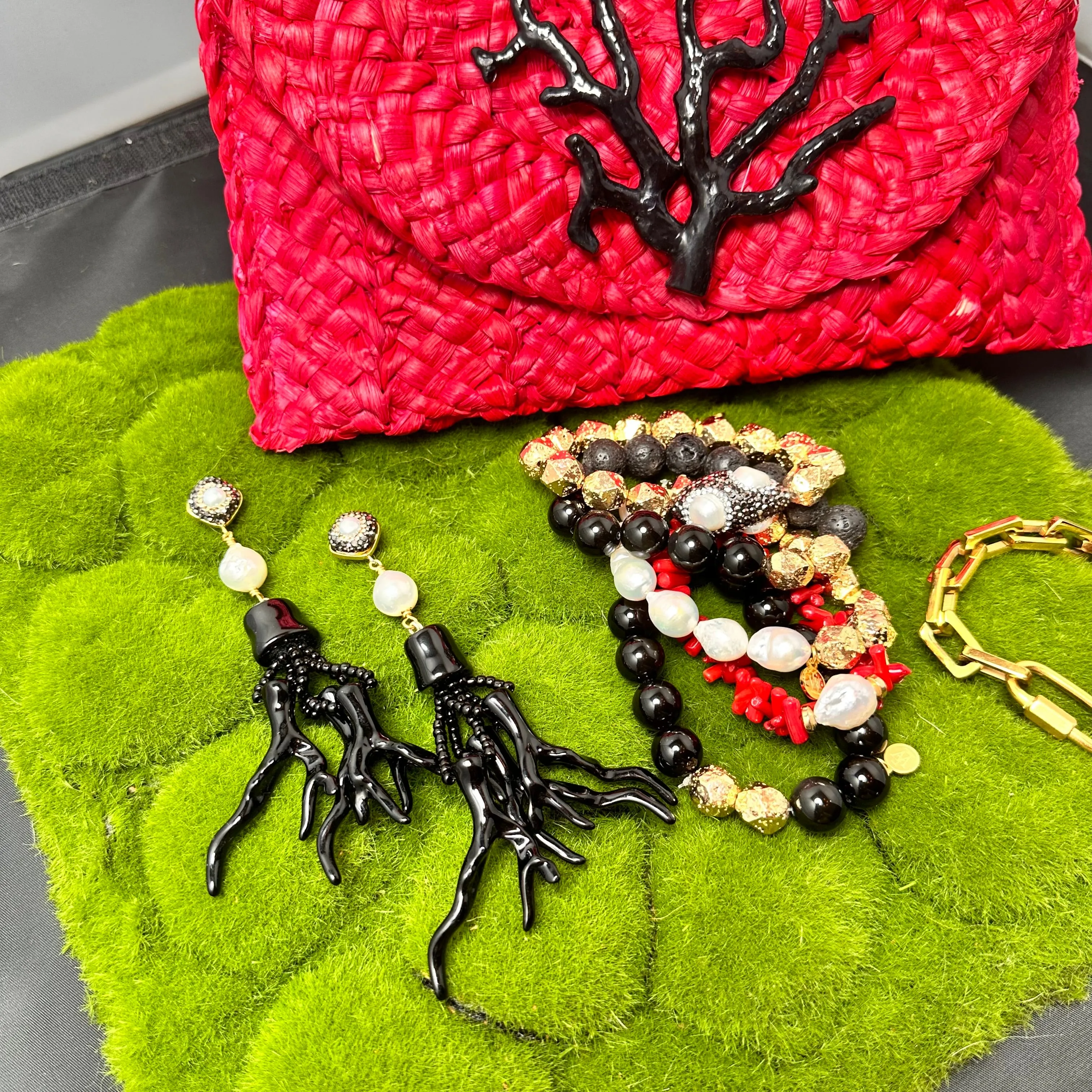 Black Coral Branches and Baroque Pearl push back statement earrings 220-30 | Erika Williner Designs