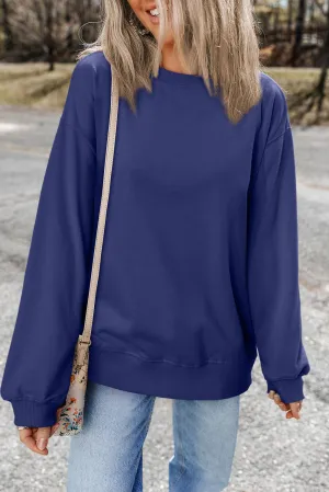 Blue Plain Drop Shoulder Pullover Sweatshirt
