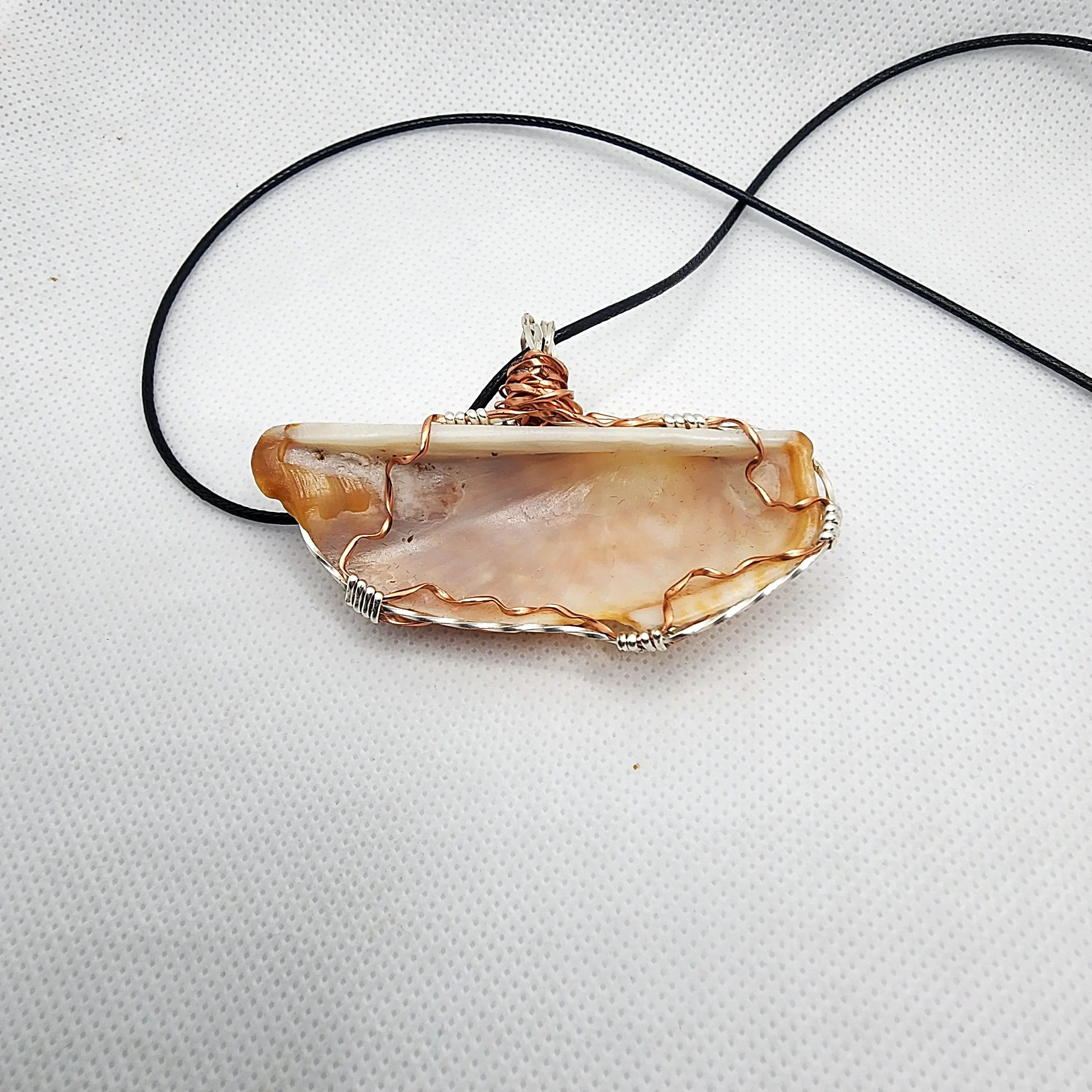 Boho Style Handmade Pendant Turkey Wing Seashell with Silver Tone Mermaid Charm on Black Rope