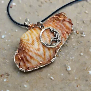 Boho Style Handmade Pendant Turkey Wing Seashell with Silver Tone Mermaid Charm on Black Rope