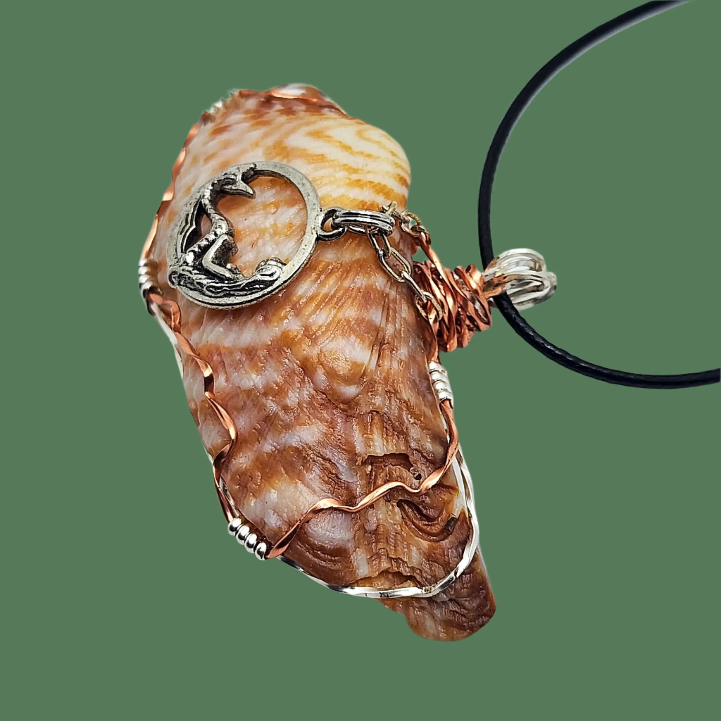 Boho Style Handmade Pendant Turkey Wing Seashell with Silver Tone Mermaid Charm on Black Rope