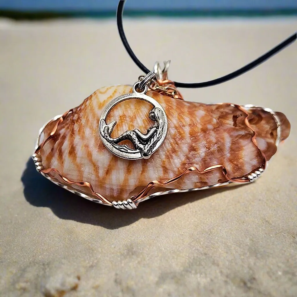 Boho Style Handmade Pendant Turkey Wing Seashell with Silver Tone Mermaid Charm on Black Rope