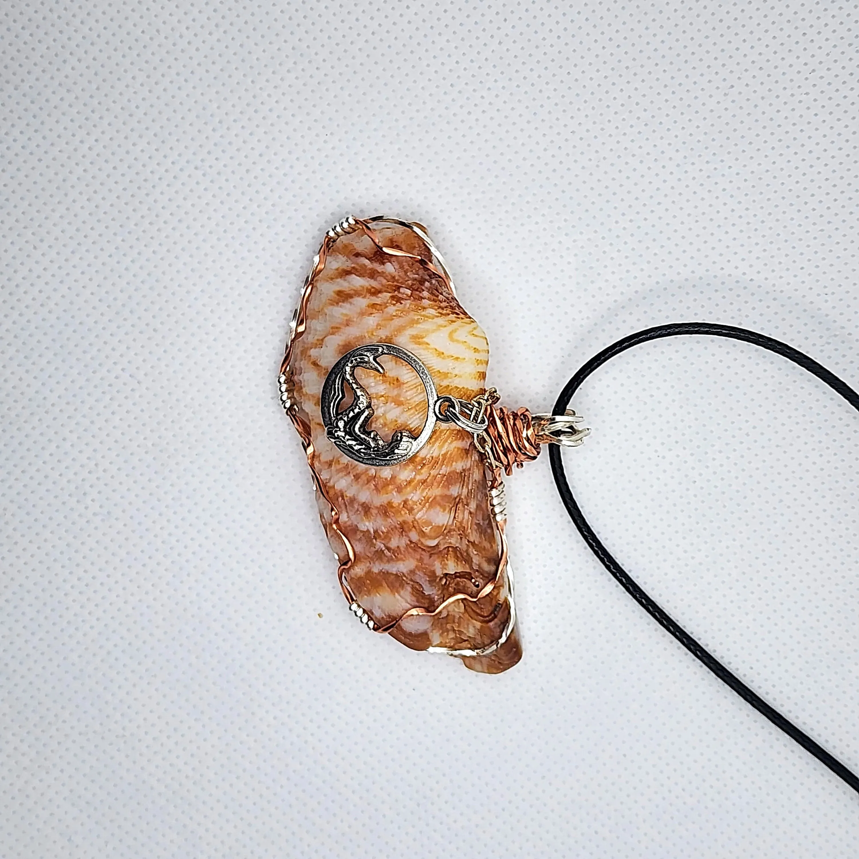 Boho Style Handmade Pendant Turkey Wing Seashell with Silver Tone Mermaid Charm on Black Rope