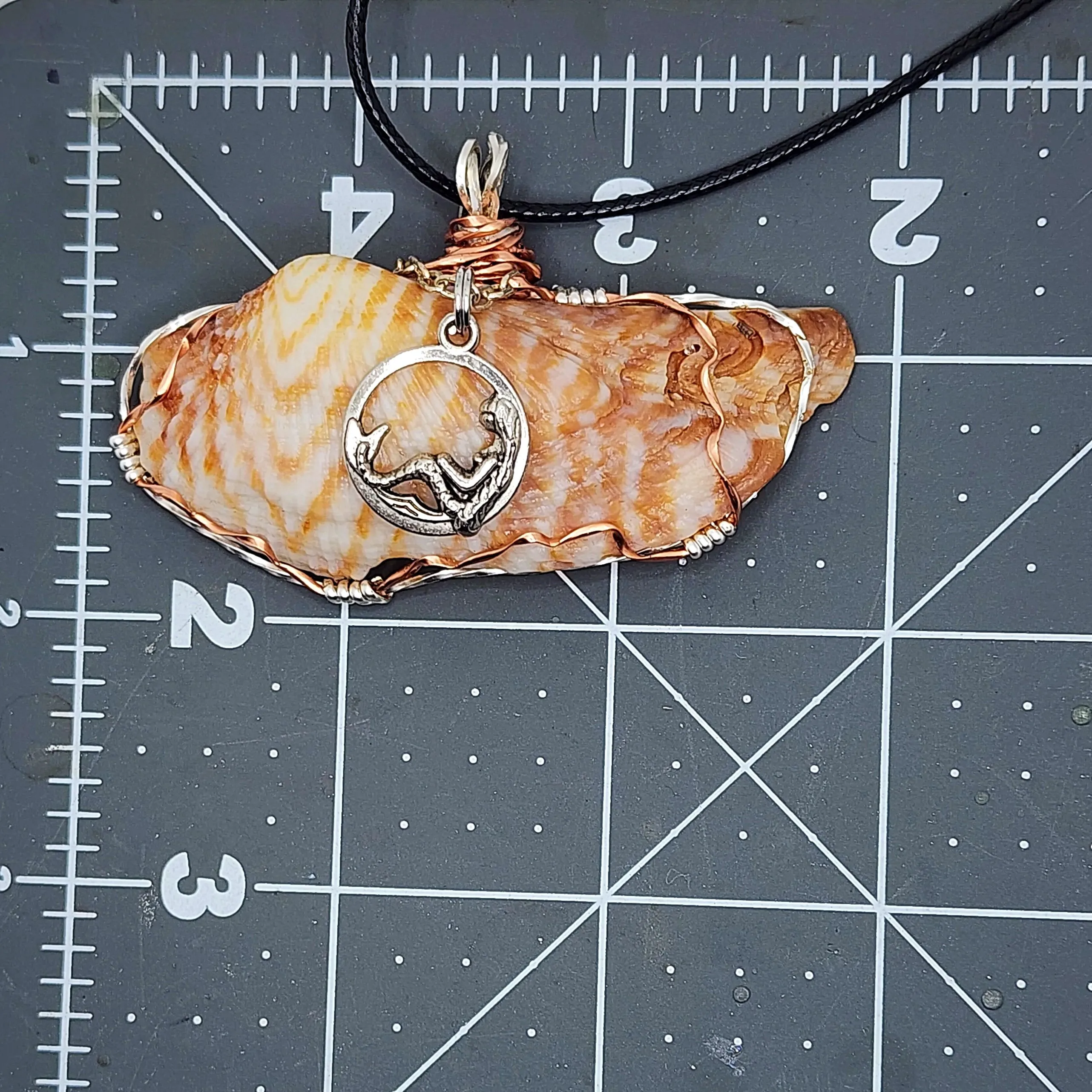 Boho Style Handmade Pendant Turkey Wing Seashell with Silver Tone Mermaid Charm on Black Rope