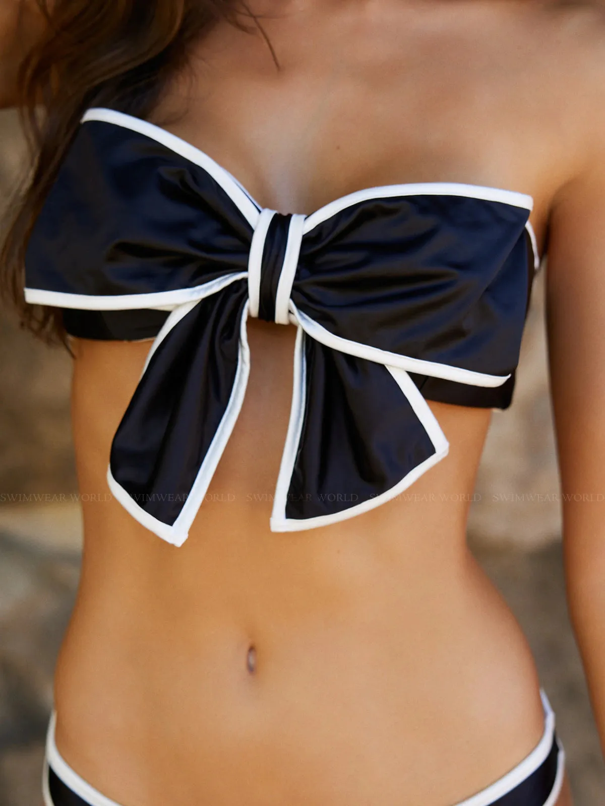 Bow Bandeau-Piped Basic Ruched Bikini