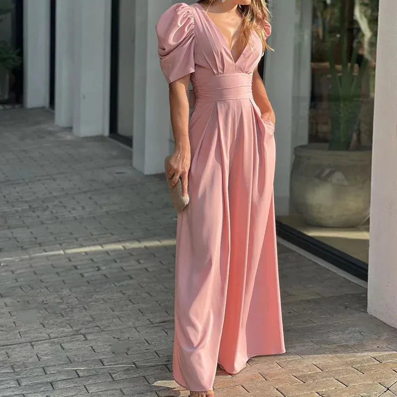 Casual Elegant Women's Summer Trendy Deep V-Neck Puff Sleeve Hollow Backless High Waist Jumpsuit Sexy Slim Pearl Button Belt
