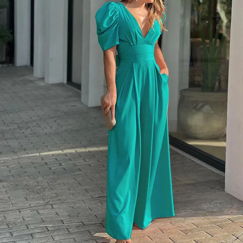 Casual Elegant Women's Summer Trendy Deep V-Neck Puff Sleeve Hollow Backless High Waist Jumpsuit Sexy Slim Pearl Button Belt