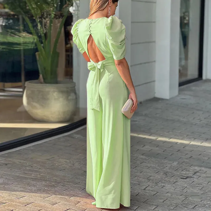 Casual Elegant Women's Summer Trendy Deep V-Neck Puff Sleeve Hollow Backless High Waist Jumpsuit Sexy Slim Pearl Button Belt