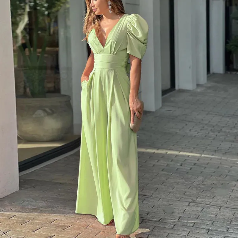 Casual Elegant Women's Summer Trendy Deep V-Neck Puff Sleeve Hollow Backless High Waist Jumpsuit Sexy Slim Pearl Button Belt