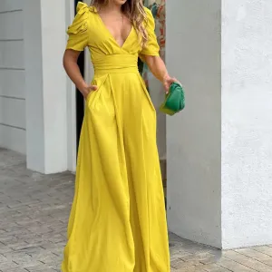 Casual Elegant Women's Summer Trendy Deep V-Neck Puff Sleeve Hollow Backless High Waist Jumpsuit Sexy Slim Pearl Button Belt