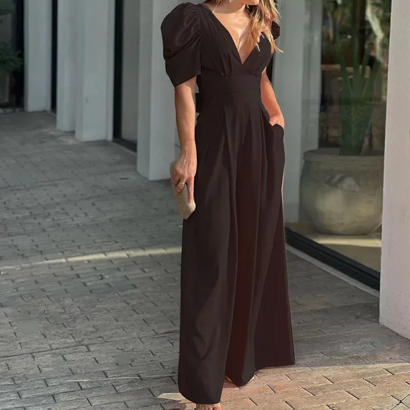 Casual Elegant Women's Summer Trendy Deep V-Neck Puff Sleeve Hollow Backless High Waist Jumpsuit Sexy Slim Pearl Button Belt