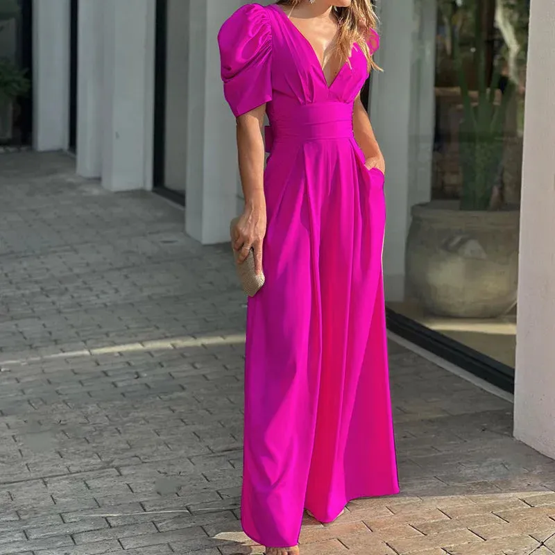 Casual Elegant Women's Summer Trendy Deep V-Neck Puff Sleeve Hollow Backless High Waist Jumpsuit Sexy Slim Pearl Button Belt