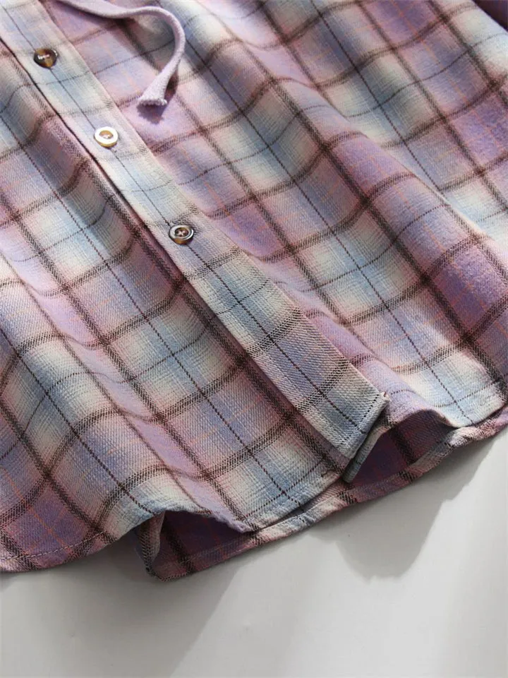 Casual Plaid Button Up All Match Hoodies for Women