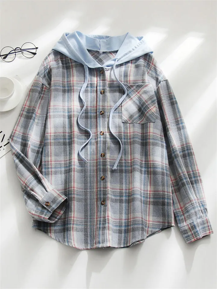 Casual Plaid Button Up All Match Hoodies for Women