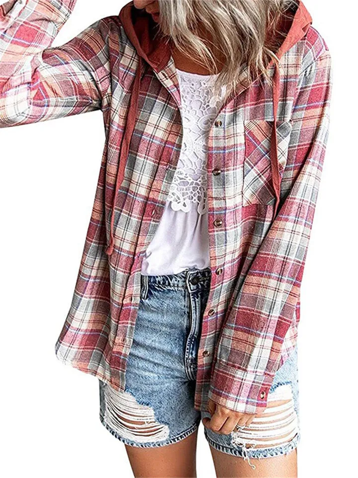 Casual Plaid Button Up All Match Hoodies for Women