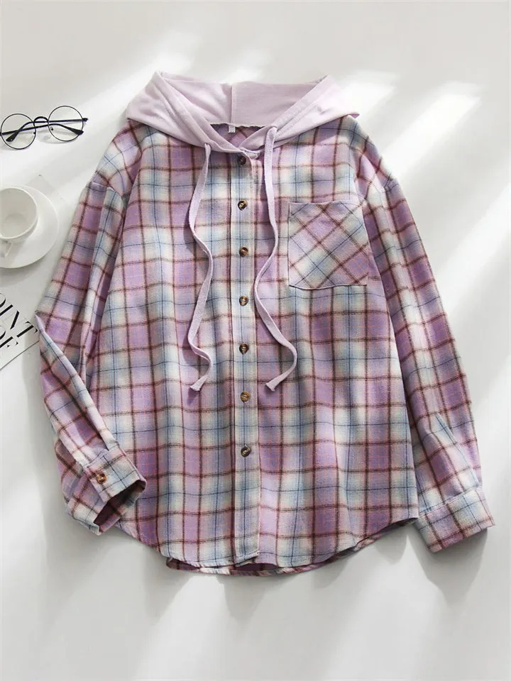 Casual Plaid Button Up All Match Hoodies for Women