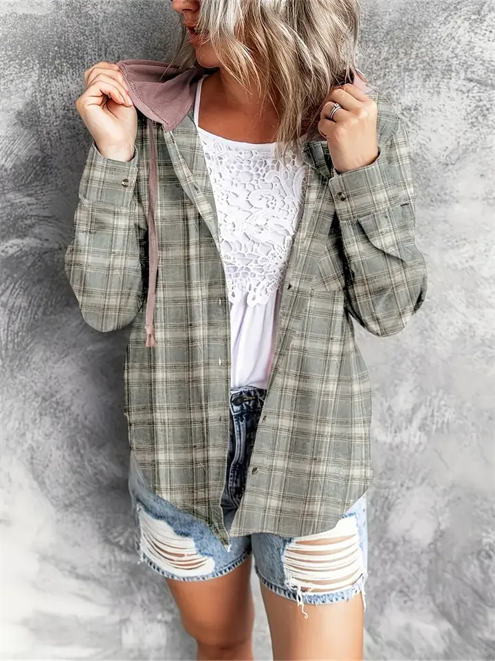 Casual Plaid Button Up All Match Hoodies for Women