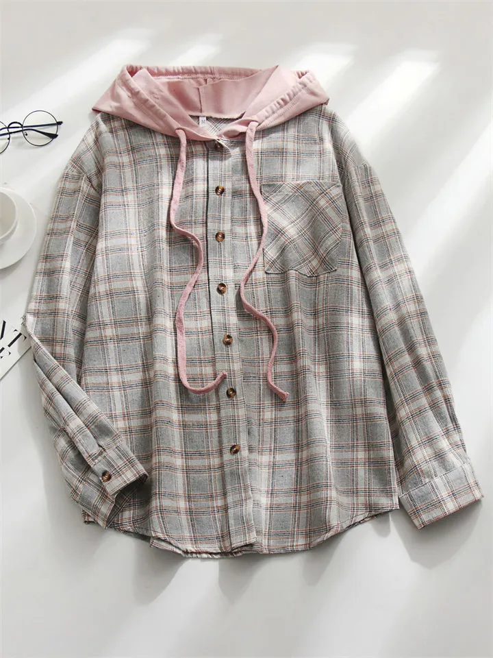 Casual Plaid Button Up All Match Hoodies for Women