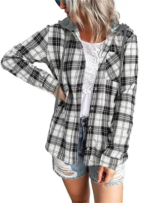 Casual Plaid Button Up All Match Hoodies for Women