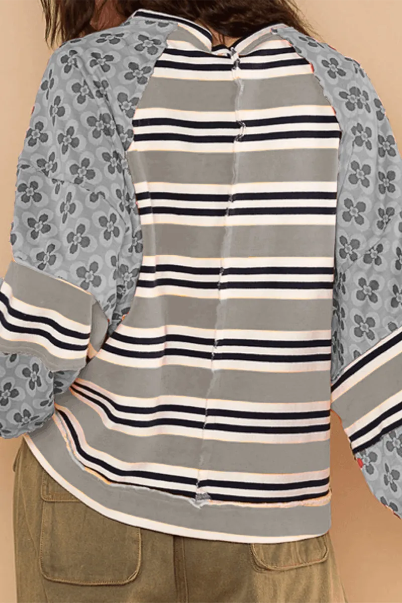 Casual Striped Print Flowers Contrast O Neck Hoodies