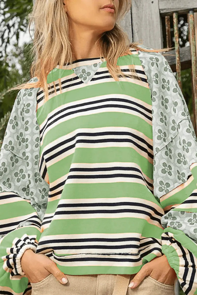 Casual Striped Print Flowers Contrast O Neck Hoodies