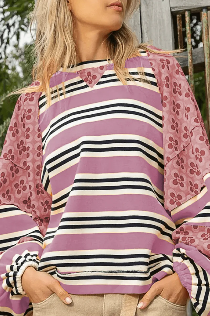 Casual Striped Print Flowers Contrast O Neck Hoodies