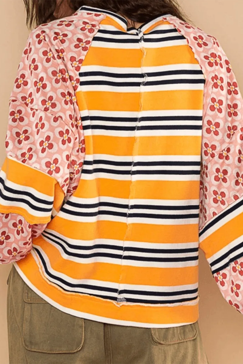 Casual Striped Print Flowers Contrast O Neck Hoodies