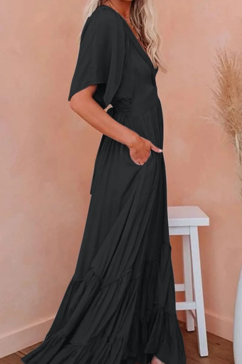 Chouyatou Women's Boho Ruffle Sleeve Flowy Maxi Dress Lace Up Back Tiered Party A Line Dress