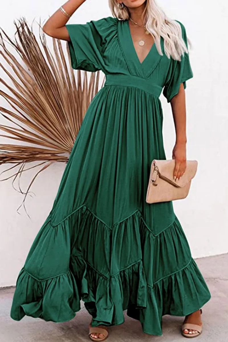 Chouyatou Women's Boho Ruffle Sleeve Flowy Maxi Dress Lace Up Back Tiered Party A Line Dress