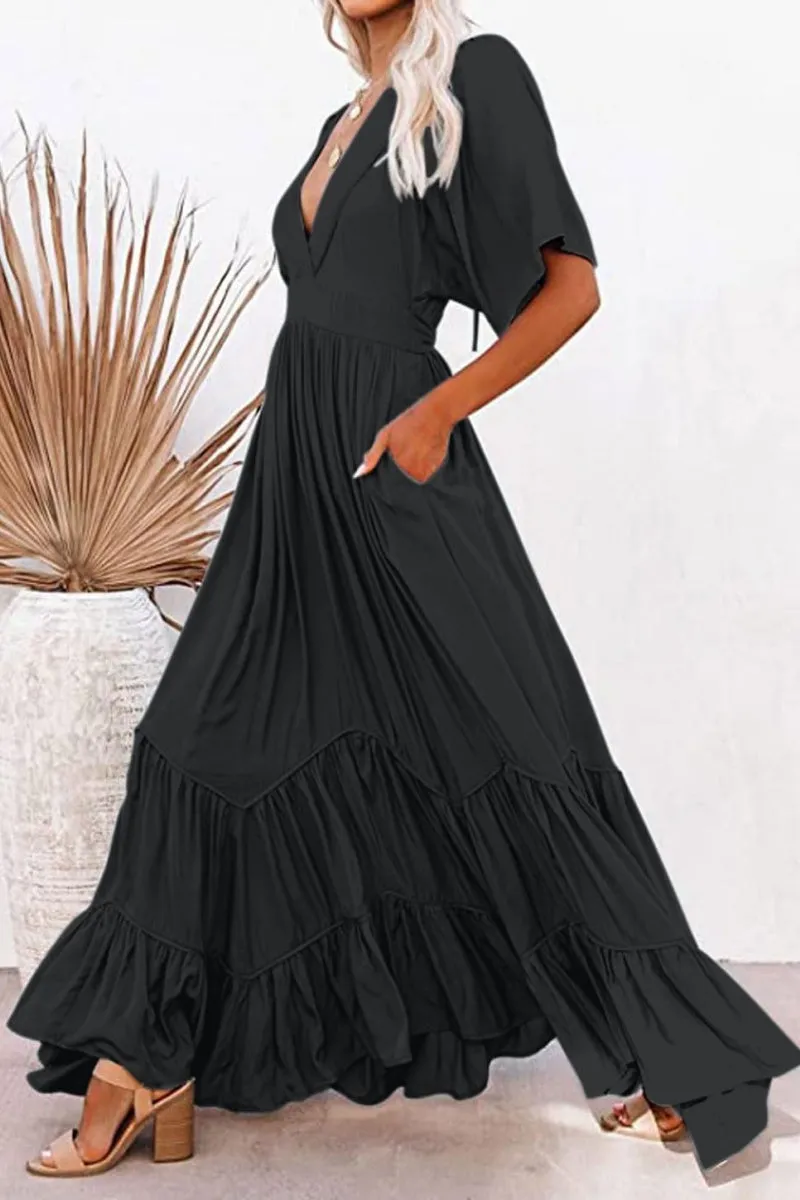 Chouyatou Women's Boho Ruffle Sleeve Flowy Maxi Dress Lace Up Back Tiered Party A Line Dress
