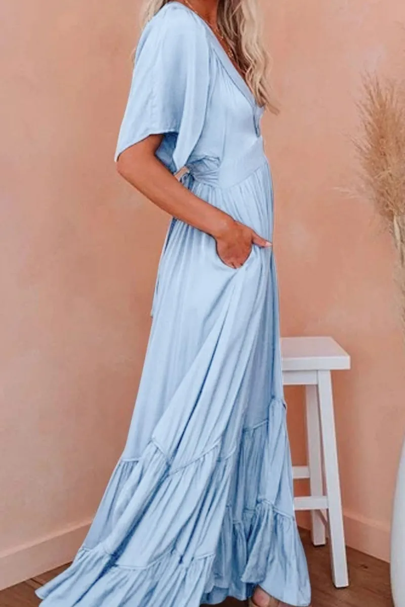 Chouyatou Women's Boho Ruffle Sleeve Flowy Maxi Dress Lace Up Back Tiered Party A Line Dress