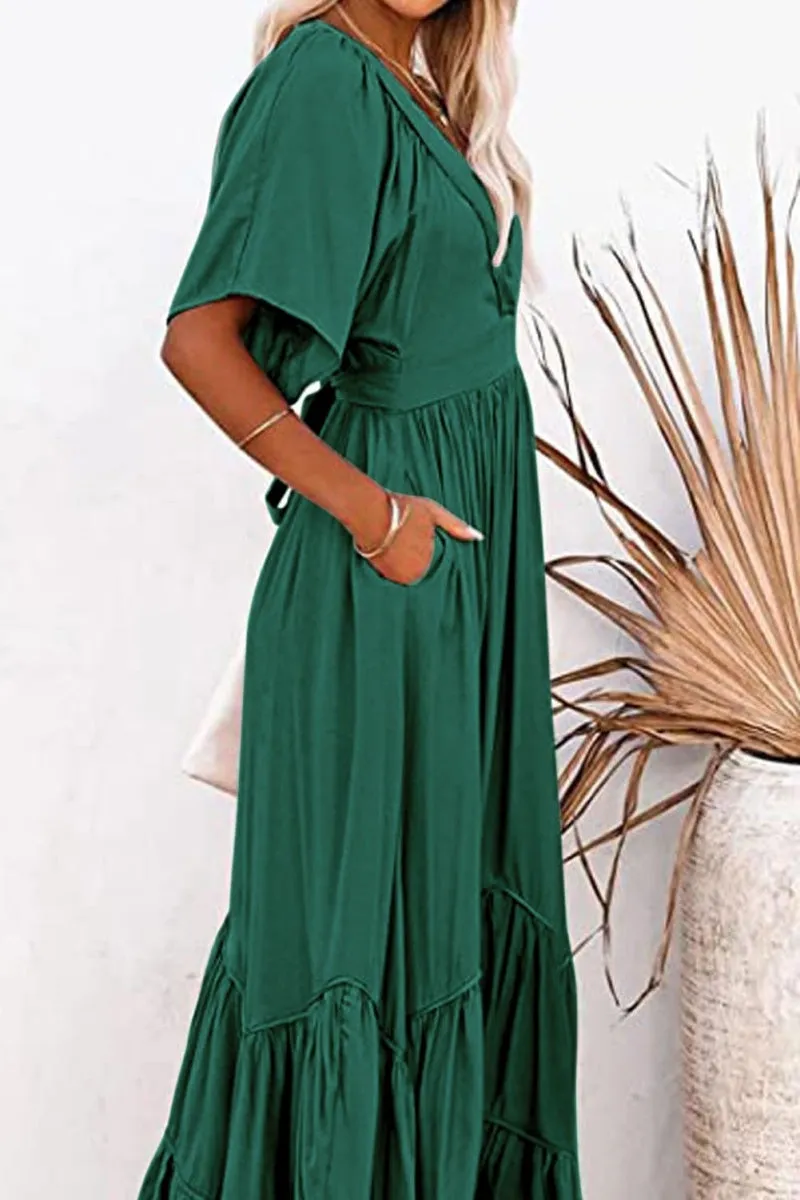 Chouyatou Women's Boho Ruffle Sleeve Flowy Maxi Dress Lace Up Back Tiered Party A Line Dress