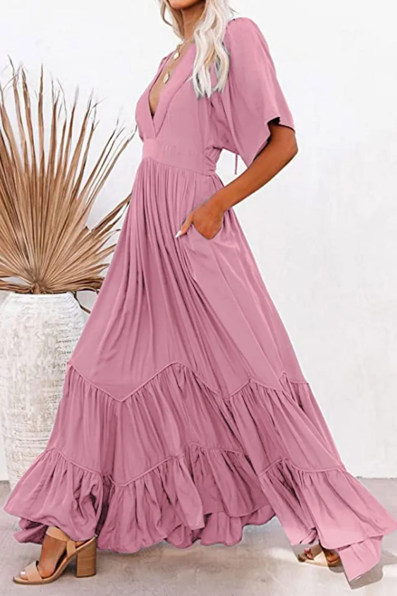 Chouyatou Women's Boho Ruffle Sleeve Flowy Maxi Dress Lace Up Back Tiered Party A Line Dress