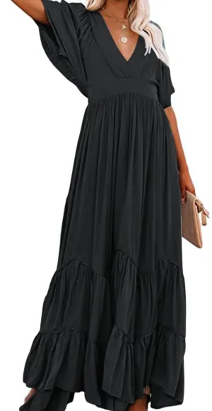 Chouyatou Women's Boho Ruffle Sleeve Flowy Maxi Dress Lace Up Back Tiered Party A Line Dress