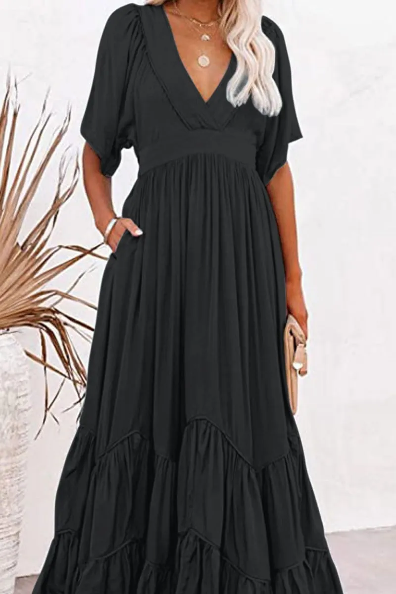 Chouyatou Women's Boho Ruffle Sleeve Flowy Maxi Dress Lace Up Back Tiered Party A Line Dress